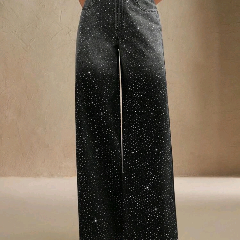 Black Wide-Leg Rhinestone Pants